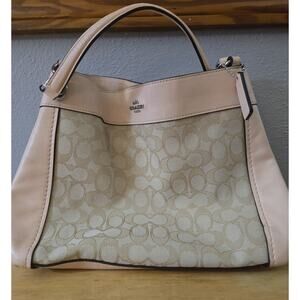 Coach Lexy Shoulder Bag Khaki Signature Jacquard Fabric and Pink Leather